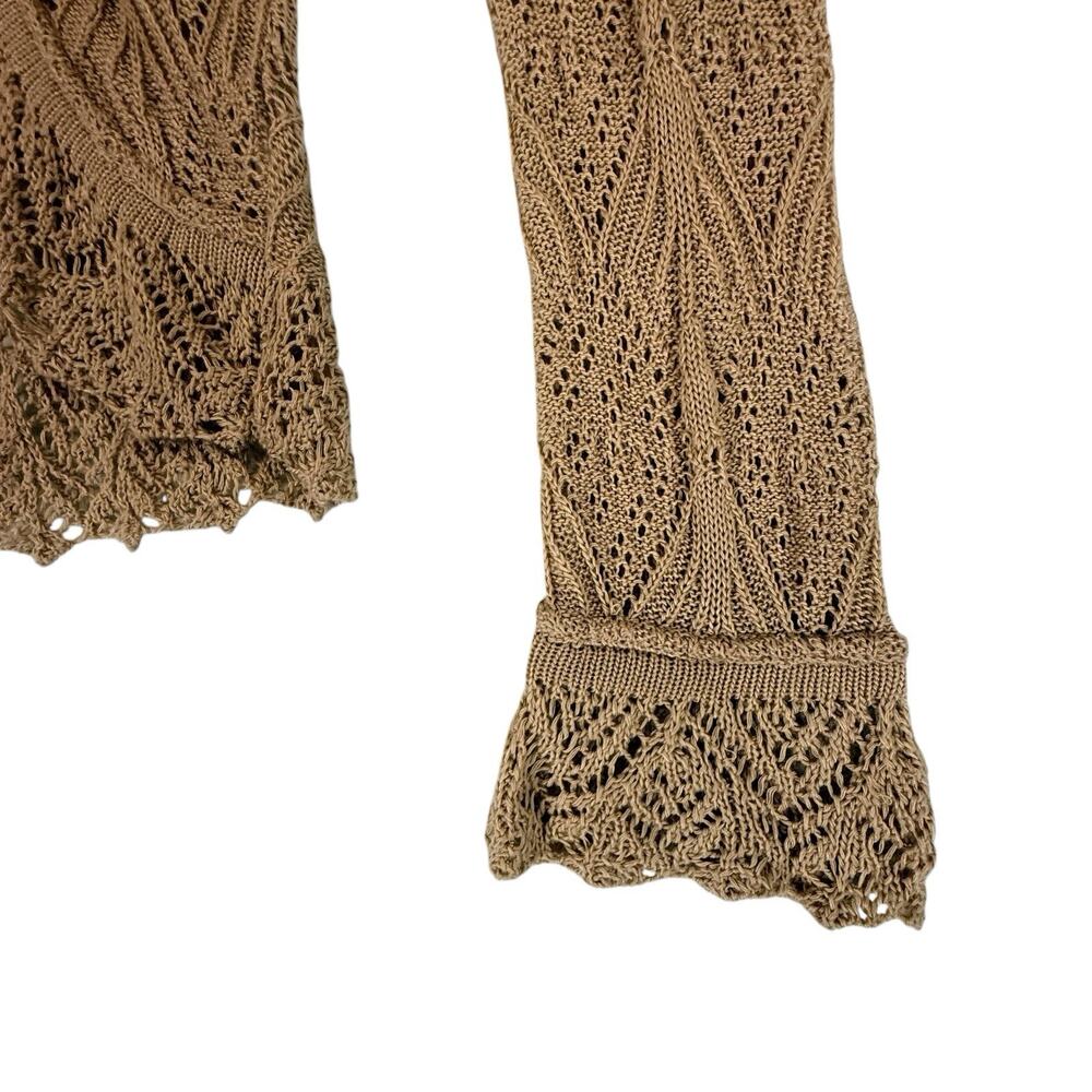 VTG Y2k Crochet Open Knit Tie Front Cardigan Wrapper SIZE MEDIUM Tan USA Ruffle - Picture 2 of 12